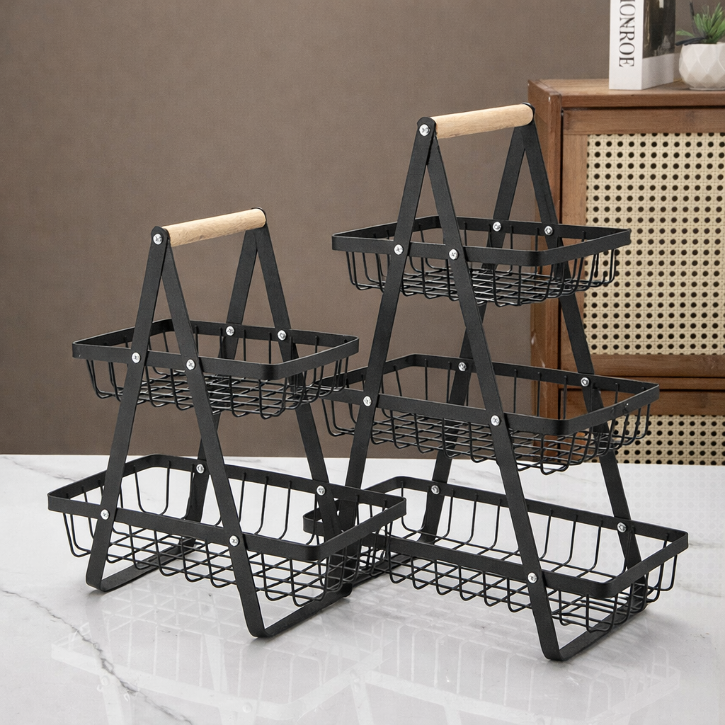 Nordic Metal Fruit & Storage Rack with Wooden Handle